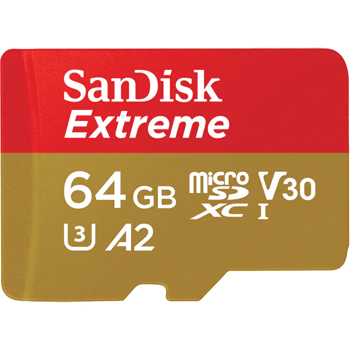 SanDisk Extreme - Flash-Speicherkarte (microSDXC-an-SD-Adapter inbegriffen) - 64 GB - A2 / Video Class V30 / UHS-I U3 / Class10 - microSDXC UHS-I