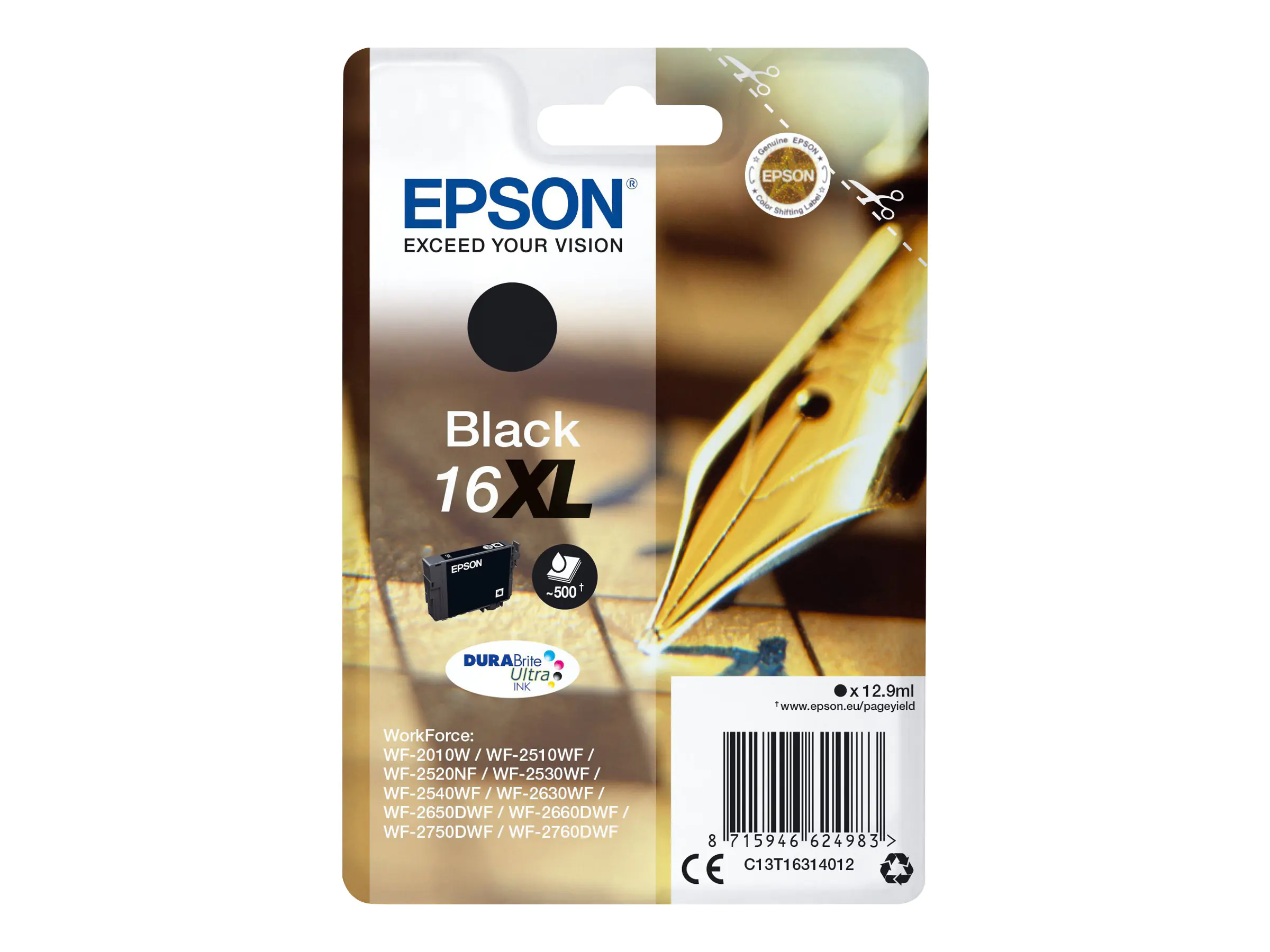 Epson 16XL - 12.9 ml - XL - Schwarz - Original - Blisterverpackung - Tintenpatrone - für WorkForce WF-2010, 2510, 2520, 2530, 2540, 2630, 2650, 2660, 2750, 2760
