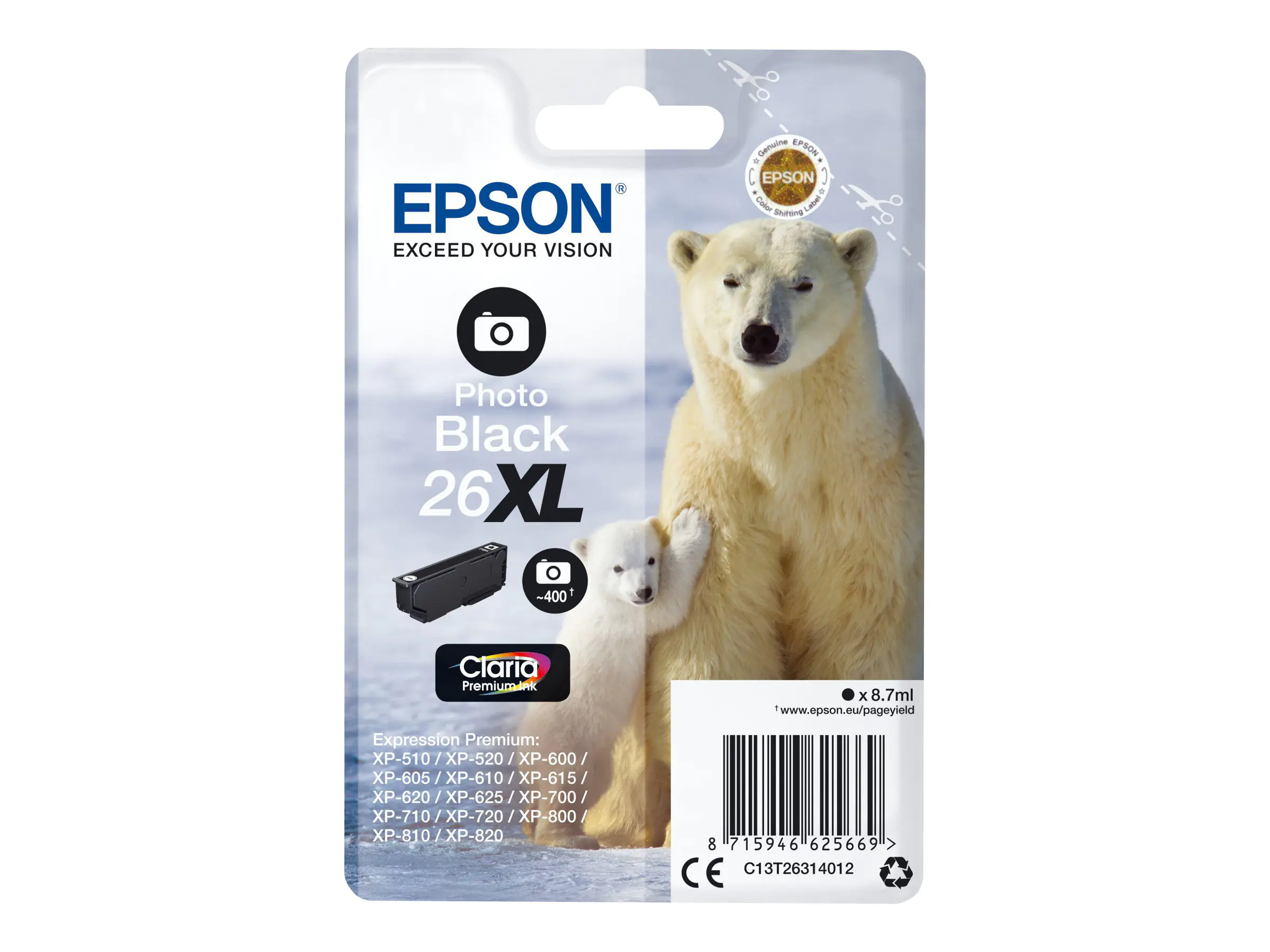 Epson 26XL - 8.7 ml - XL - Photo schwarz - Original - Blisterverpackung - Tintenpatrone - für Expression Premium XP-510, 520, 600, 605, 610, 615, 620, 625, 700, 710, 720, 800, 810, 820