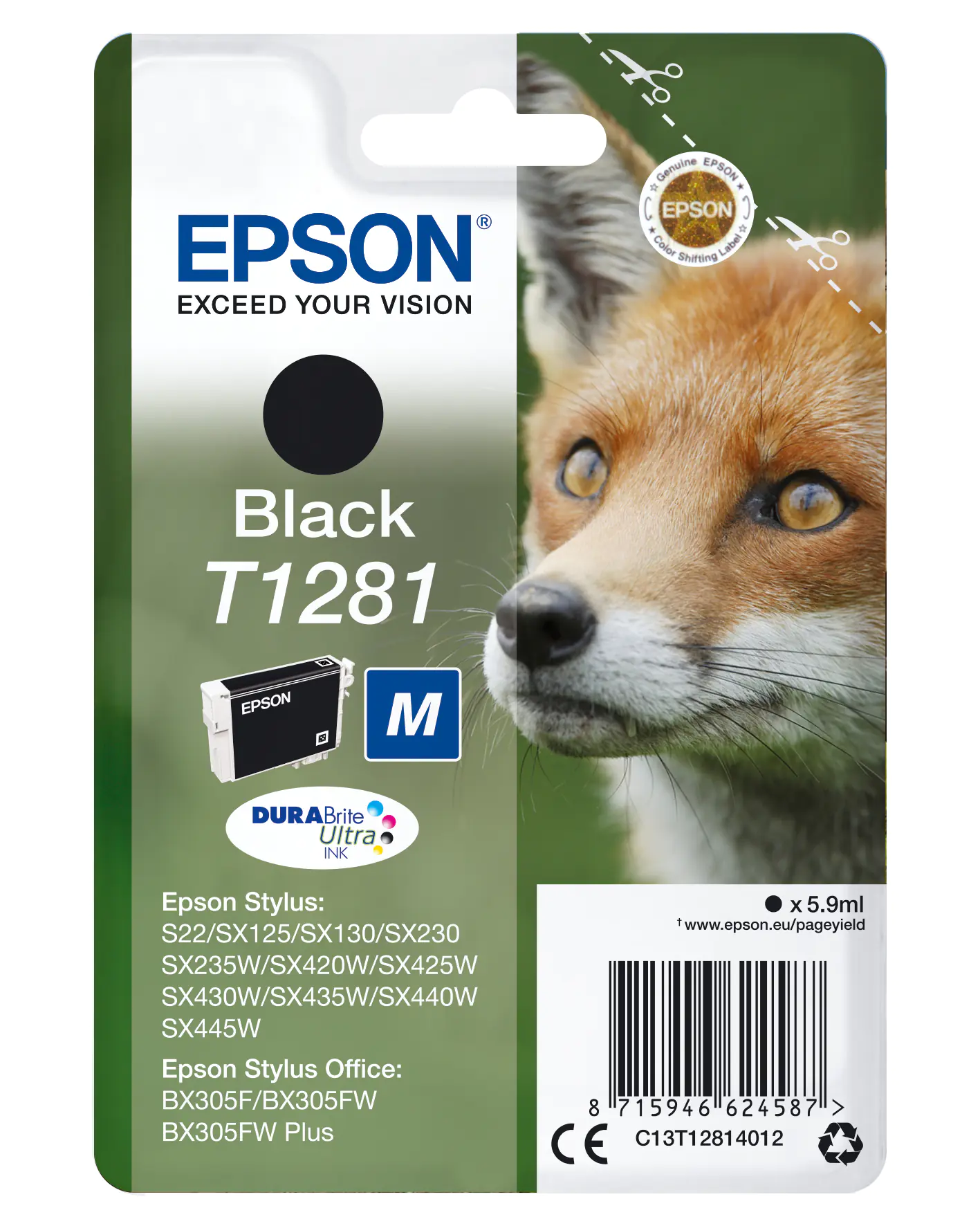 Epson T1281 - 5.9 ml - Größe M - Schwarz - Original - Blisterverpackung - Tintenpatrone - für Stylus S22, SX130, SX230, SX235, SX430, SX435, SX438, SX440, SX445; Stylus Office BX305