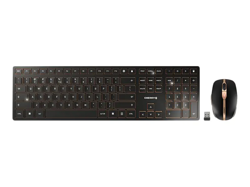 CHERRY DW 9000 SLIM - Tastatur-und-Maus-Set - kabellos - 2.4 GHz, Bluetooth 4.0 - US mit Euro-Symbol - Schwarz, Bronze